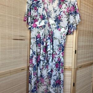 Blue Rain Floral High-Low Blouse with Pink and Blue Accents